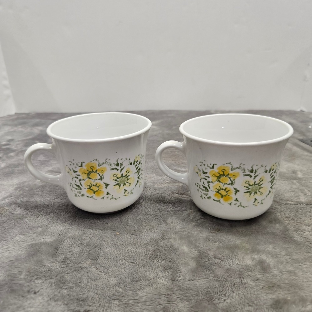 Vintage Corelle Meadow Yellow Floral Coffee Mugs Set of 2 Corning Vitrelle USA